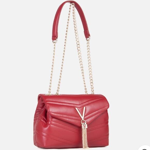 Mario Valentino Cherry Red Gold Tone Privilege Flap Chan Strap Purse - Picture 2 of 11